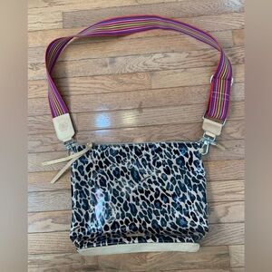 Leopard Print Crossbody Consuela Bag with Multicolor Strap